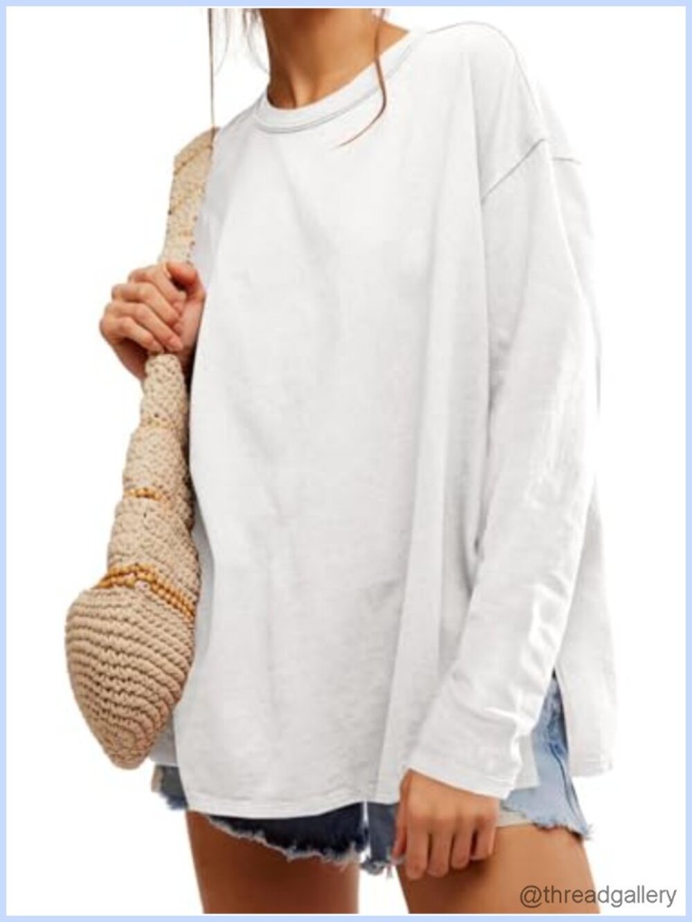 Womens Oversized Long Sleeve T-Shirt Loose Fit Crew Neck Side Slit Casual
